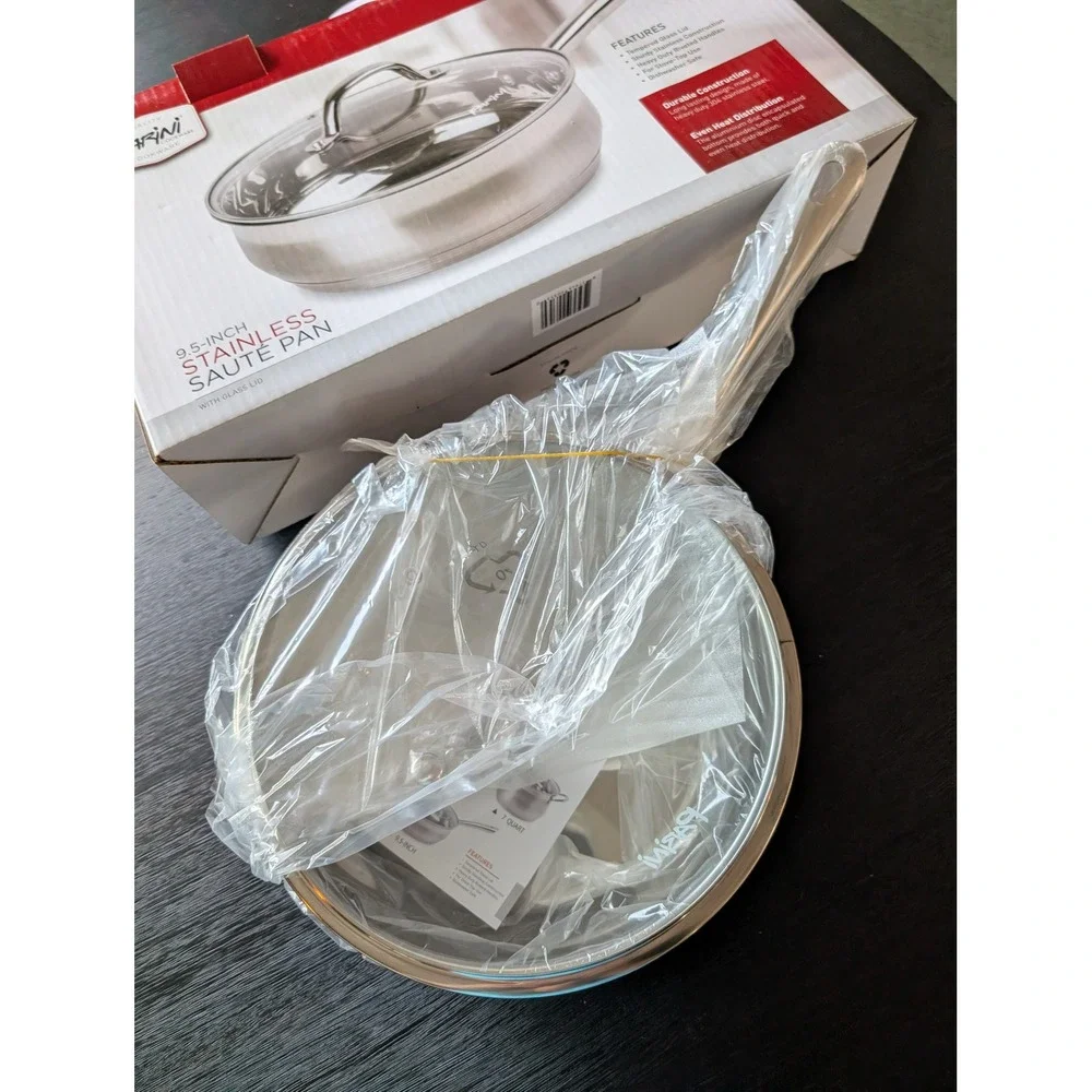 Parini Cookware 9.5 Inch Stainless Saute Pan Tempered Glass Lid Skillet Cooking